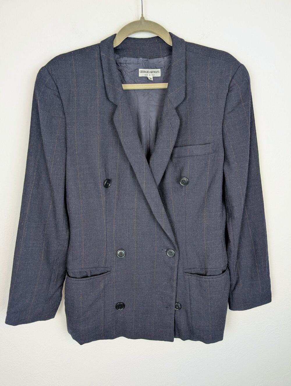 Giorgio Armani Blazer Jacket Wool Pinstripe Vintage Designer Navy Blue Size 6